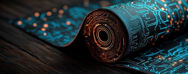 Poster - Futuristic tech inspired roll up design featuring intricate circuitry patterns glowing digital highlights and a modern industrial inspired layout  This image could be used as a creative background