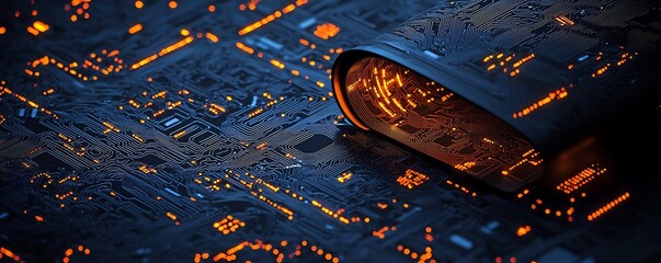 Poster - futuristic and modern tech inspired roll up design featuring intricate circuitry patterns and glowin