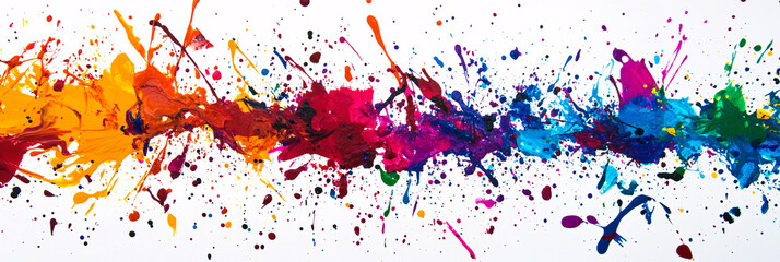 Wall Mural - Abstract splatter of vibrant paint, creating a chaotic yet artistic pattern on a white background. 