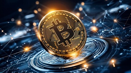 Poster - Glowing Digital Currency Icon such as Bitcoin Centrally Positioned in a Connected Web of Blockchain Network Nodes with a Dark Abstract Background