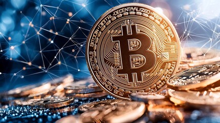 Poster - Glowing and radiant digital currency icon such as Bitcoin at the center of a web of interconnected nodes and data points against a dark futuristic abstract background