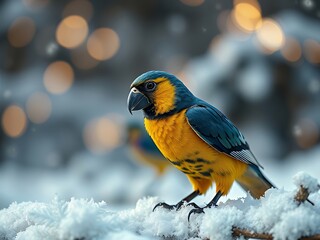 there is a yellow and blue bird standing on a branch.