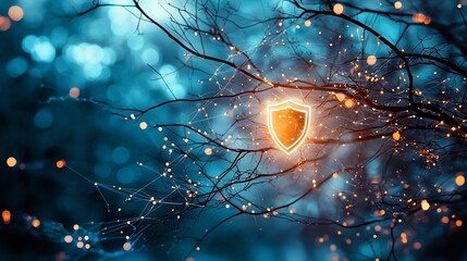 Poster - Secure Transaction Process Visualized by Glowing Shield Icon within a Digital Network with Soft Blurred Background and Copy Space