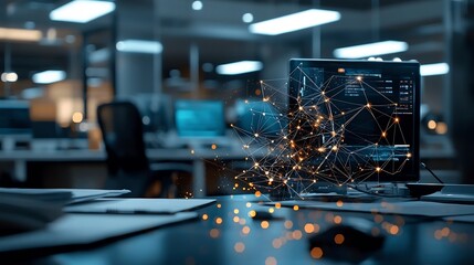 Poster - Financial Growth Visualized through Holographic Graphs and Network Connections in a Blurred Office Environment with Ample Copy Space