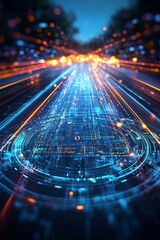 Poster - A captivating view showcasing the blend of automotive technology and digital effects on a road. The illuminated pathways create an atmosphere of speed and innovation