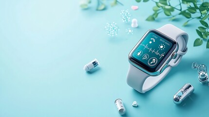 Poster - Digital Health Monitoring Smartwatch Displaying Vital Signs with Interconnected Nodes and a Gradient Blue Background Leaving Copy Space to the Left for Text or Graphics