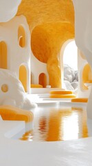 Poster - This artistic interior features smooth, flowing shapes, bright white and orange hues, and tranquil water reflective of an innovative design concept