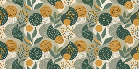 Poster - A seamless pattern featuring abstract foliage and swirling shapes in shades of muted green and yellow, ideal for nature-inspired designs.