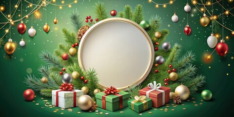 Poster - Festive Holiday Design with Christmas Decorations and Presents Surrounding a Blank Circular Space for Text or Images