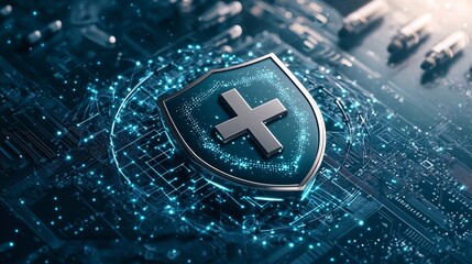Poster - Secure medical data icon such as a shield with a cross surrounded by a digital network of lines and nodes with a dark blue background and copy space above