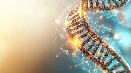 Poster - A photograph showcasing a glowing DNA strand connected to a network of digital nodes set against a soft gradient background with generous copy space on the left side