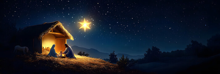 Wall Mural - a bright star illuminating the night sky, shining over the manger scene with mary, joseph, and baby 