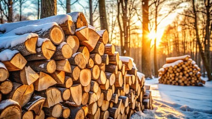 Poster - A stack of firewood, nestled in a snowy forest, bathed in the golden light of a winter sunset.