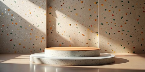 Poster - Two-tiered circular platform in the center of a room with textured beige walls featuring scattered colorful flecks and leaves, illuminated by natural light