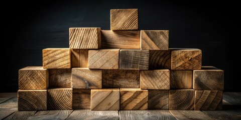 Aufkleber - A rustic arrangement of wooden blocks stacked in a pyramid-like shape against a dark backdrop, showcasing the natural beauty of the wood grain and creating a visually appealing pattern