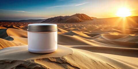 Fototapete - A white jar with a silver lid rests on a sandy dune against a backdrop of golden sand dunes and a vibrant sunset.