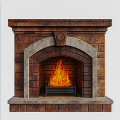 A fireplace with a fire on white background.