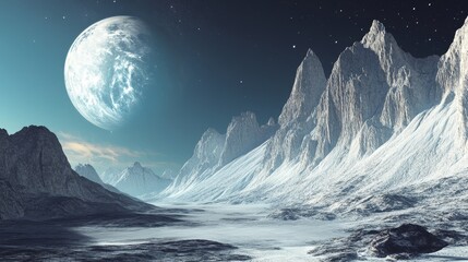 Canvas Print - a surreal alien landscape with towering mountains and a large planet in the sky.