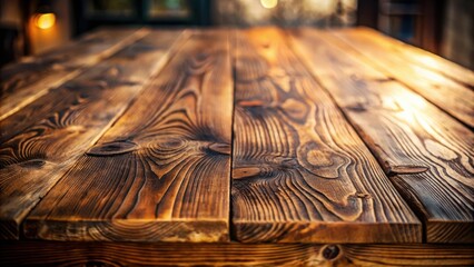 Aufkleber - A close-up view of a weathered wood table with warm light illuminating the surface