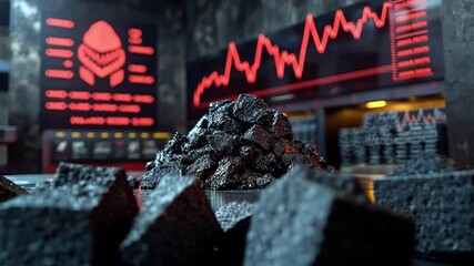 Poster - Dark mining material on a table with stock data trends shown in the background