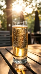 Aufkleber - A towering glass of cider sparkling under soft sunlight outdoors.