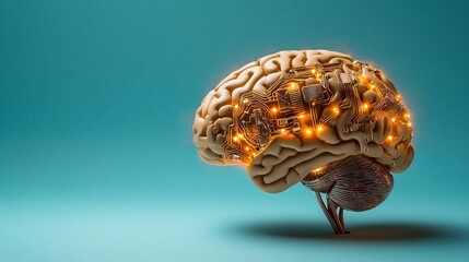 Poster - Illuminated 3D brain model with glowing network patterns symbolizing the technological advancements in cognitive support for the aging population