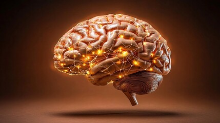 Poster - Glowing Brain Model with Network Patterns Symbolizing Cognitive Support for an Aging Society  Conceptual 3D rendering with ample copy space for text or graphics