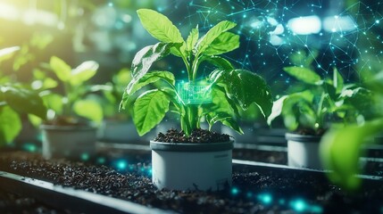 Poster - automated greenhouse with interconnected sensors and holographic data streams leaving copy space at 