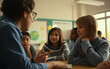 © Evgenii Starkov - A teacher discussing a topic with attentive students in a modern classroom, fostering education and collaboration in a vibrant learning space.