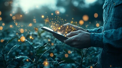 Poster - portrait of a progressive farmer holding a tablet device displaying digital crop data and network di