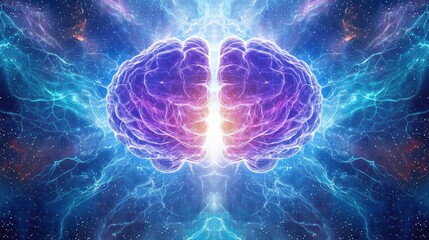Poster - Glowing Hologram of a Human Brain Transforming in a Cosmic Background with Vibrant Colors