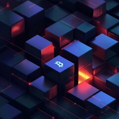 Poster - Virtual Vault of Cryptocurrency Symbols Surrounded by Neon Cubes and Digital Elements