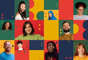 Creative collage made of different young people, men and women of various nationality, posing with smile on colorful background. Concept of human emotions, race, equality, rights, diversity