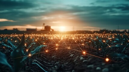 Poster - photograph showcasing smart irrigation systems with digital network lines connecting various sensors