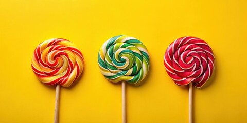 Poster - A trio of colorful swirl lollipops arranged on a bright yellow background, showcasing their vibrant hues and sweet appeal.