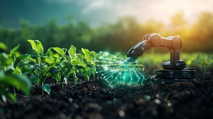 Poster - photograph of an agricultural robot harvesting crops connected to a digital network represented by g