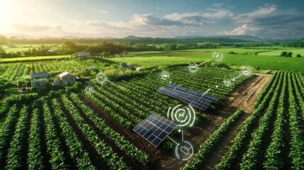 Poster - photograph of a solar panel array powering an agricultural setup with digital network symbols overla