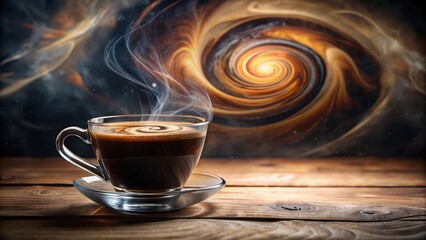 Poster - A steaming cup of coffee sits on a wooden table with a swirling abstract background.
