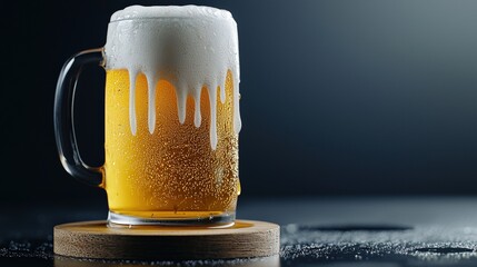 Aufkleber - A single beer mug with condensation dripping down, placed on a wooden coaster.