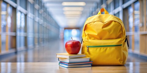 Poster - A yellow backpack, red apple, and stack of books sit on a wooden table in a school hallway.