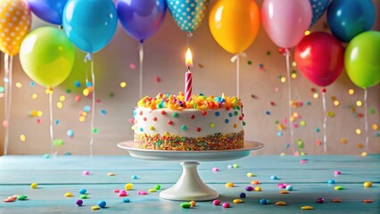 Poster - A single candle illuminates a colorful birthday cake, surrounded by balloons and confetti, celebrating a special occasion.