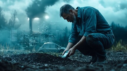 Poster - farmer using a handheld digital device to analyze soil network diagrams overlaying the image providi