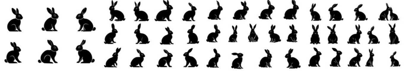Poster - Collection of black rabbit silhouettes on a white background.