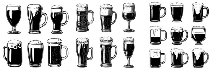Poster - A set of monochrome modern beer glass icons with foam, isolated on a white background.