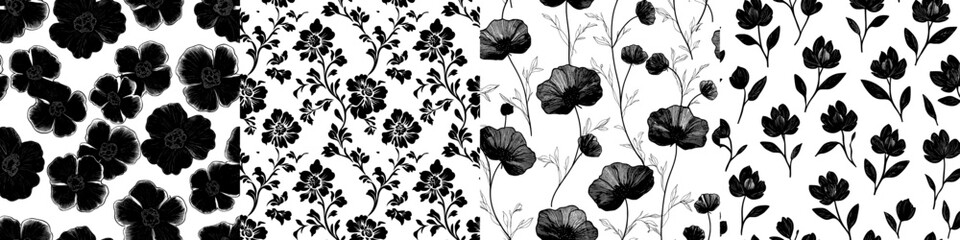 Poster - Contemporary black and white floral pattern with seamless flowers.