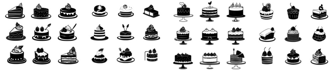 Aufkleber - Collection of flat line icons featuring cake, birthday baking, wedding cake, and cupcakes. Modern and simple design suitable for websites or mobile apps.