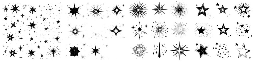 Leinwandbilder - Stars sparkle and twinkle, bursting and flashing against black silhouettes. A modern collection of isolated shining lights and bright star sparks with glowing rays and flare effects. Magical glints