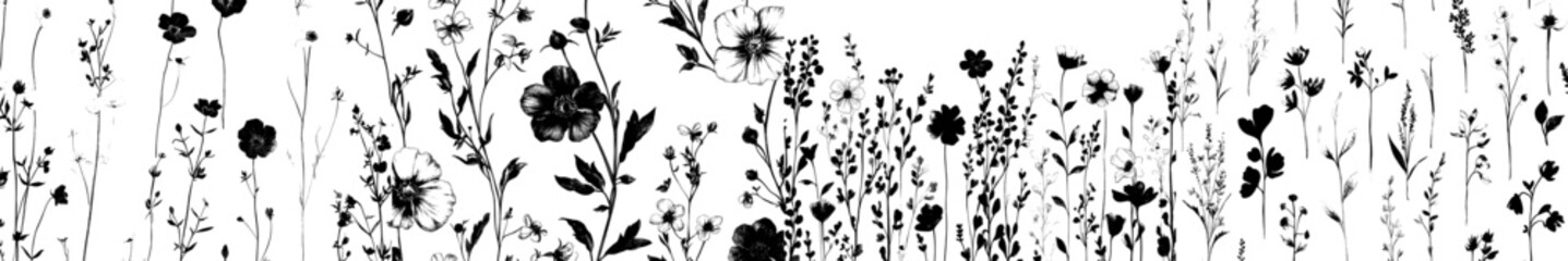 Aufkleber - Patterns with seamless black brush flowers. A collection of hand-drawn monochrome ornaments featuring linear flowers. Ink illustrations of wild plants, herbs, or flowers. An abstract organic
