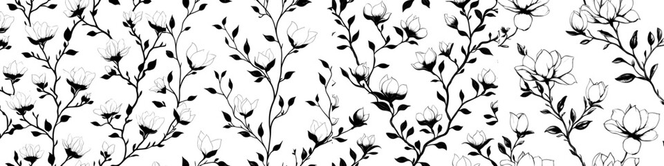 Poster - A seamless pattern featuring magnolia flowers, designed with silhouettes of magnolia branches in a modern black and white style.