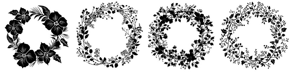 Poster - A black silhouette of a Christmas wreath, isolated on a white background, representing minimalist holiday decor and seasonal greetings. Ideal for print and design elements.